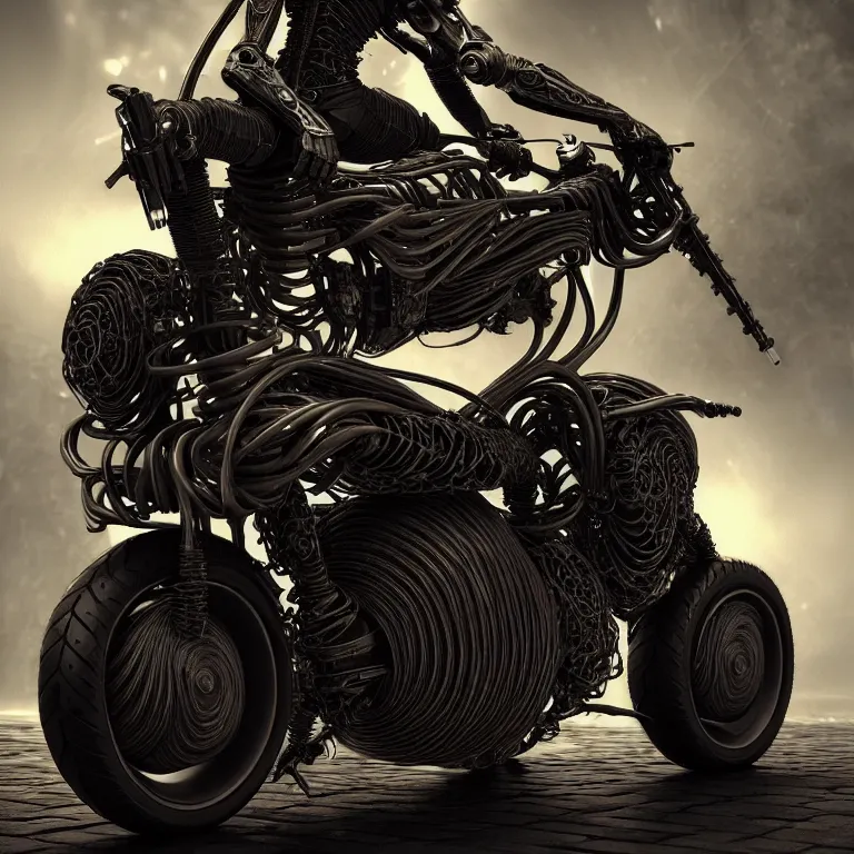 Prompt: spinal ribbed black futuristic cyberpunk motocycle motorbike, concept art, beautiful intricate insanely detailed octane render, artstation, 8 k artistic photography, photorealistic, volumetric perfect light, chiaroscuro, raphael, caravaggio, beksinski, rutkowski, giger