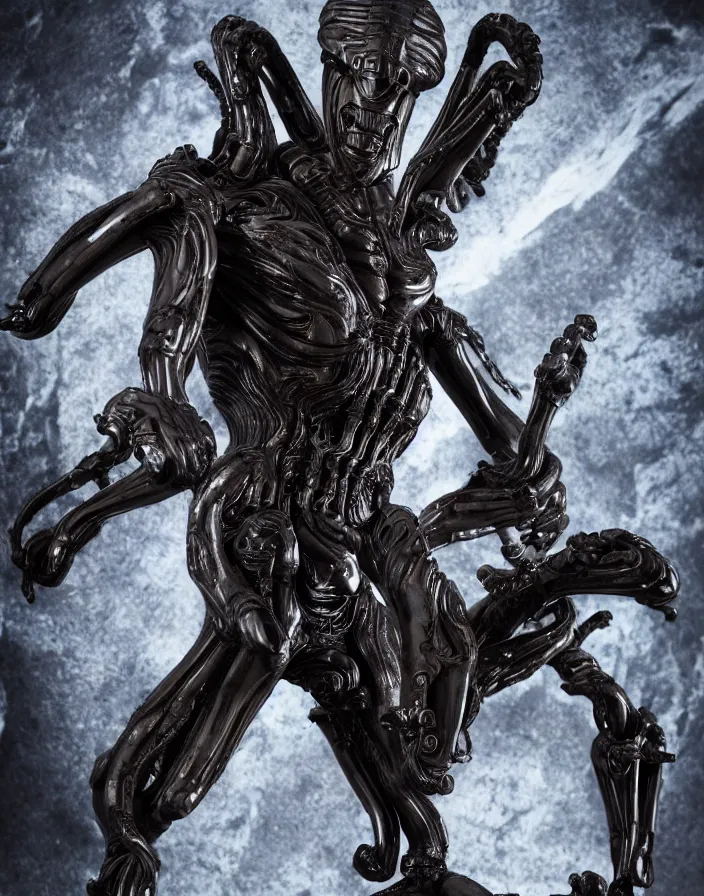 Image similar to engineer prometheus, xenomorph alien, highly detailed, symmetrical long head, smooth marble surfaces, detailed ink illustration, raiden metal gear, cinematic smooth stone, deep aesthetic, concept art, post process, 4k, carved marble texture and silk cloth, latex skin, highly ornate intricate details, prometheus, evil, moody lighting, hr geiger, hayao miyazaki, indsutrial Steampunk