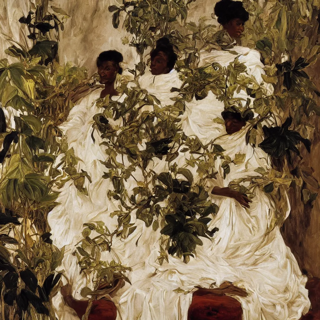 Image similar to high quality high detail painting by lucian freud, jenny savile, ilya repin and john singer sargent, black woman in a white room with many plants, intricate costume design, orientalist, partially gold, ornate, elite, luxury, hd