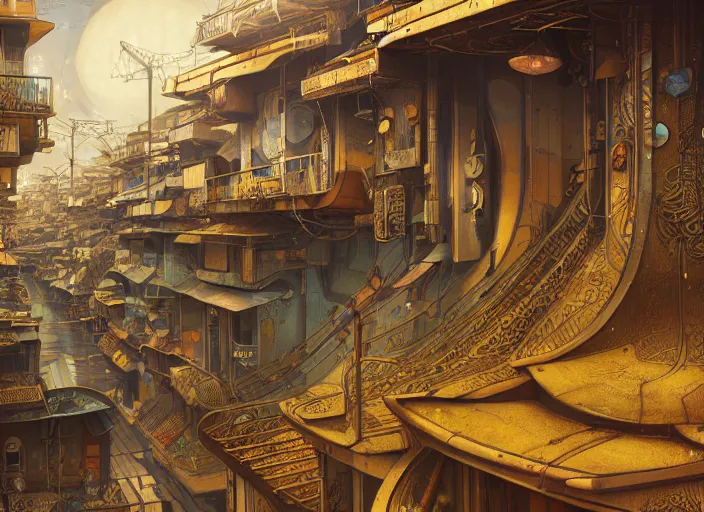 Image similar to art nouveau favela, outer space environment, scenery, professional, award - winning, trending on artstation, hyper detailed, realistic, beautiful, emotional, shiny, golden, picture