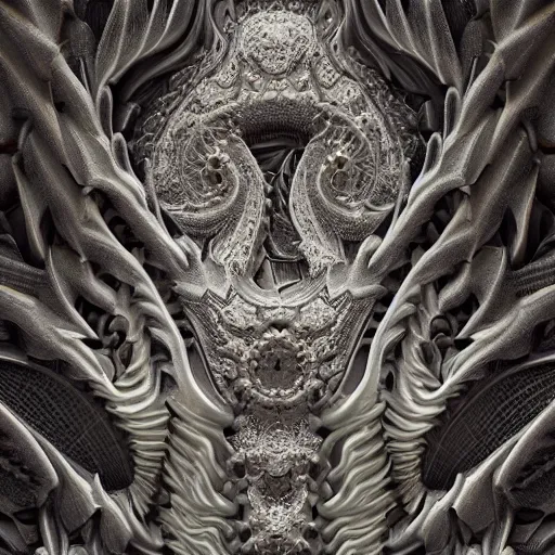 Prompt: Miniature faking of fractal dragon scale, fantasy skull, intricate ornate details, mandelbrot, octane render, 8k, high quality, volumetric lighting, smooth surface render