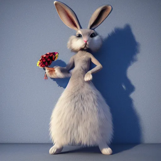 Image similar to beautiful fit furry female anthropomorphic rabbit wearing dress, full body, ultra realistic, vray, 5 5 mm