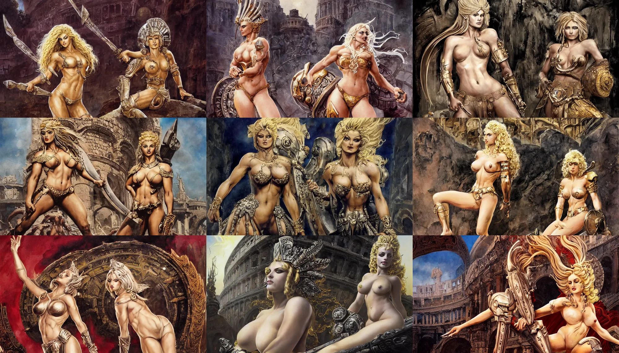 Prompt: A mixed media painting of a beautiful blonde goddess of RAGE, in a coliseum, very aesthetic, curvy, detailed face and eyes, spartan, by Frank Frazetta, Boris Vallejo, Greg Rutkowski, Christian MacNevin, epic fantasy character art, roman numerals, high fantasy, CGsociety, full length, exquisite detail, post-processing, masterpiece, cinematic, coliseum backdrop