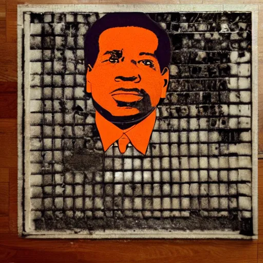 Image similar to an orange juice spilled on the floor making a portrait of o j simpson