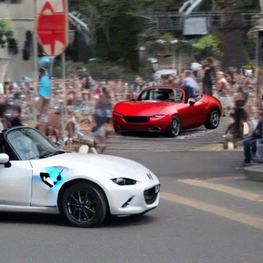 Image similar to a mazda mx-5 jumping through a hoop on fire, a crowd of people are sitting on benches in the background, there's a shark in a tank visible