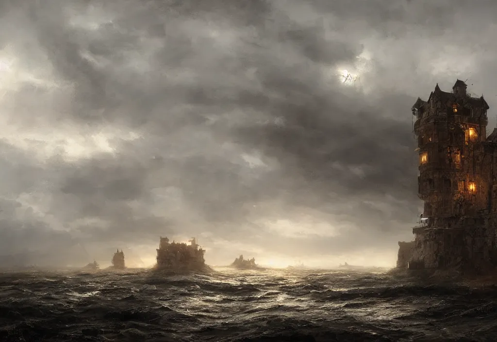 Image similar to a large stronghold plunging into the sea, artstation, jakub rozalski, high detail, dramatic lighting, night, rain