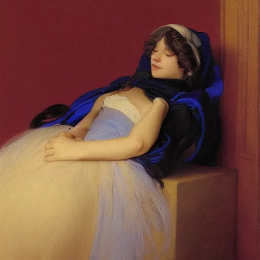 Prompt: a young woman's face, her hair is white and she wears a cobalt blue satin cloak, by ivan aivazovsky and syd mead and moebius and gaston bussiere and roger dean and pieter claesz and paul delaroche and alma tadema and willem claesz heda, hyperrealistic, volumetric light, octane render