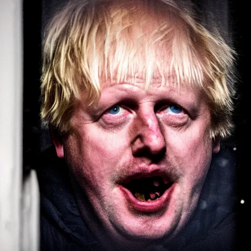 Prompt: photo of the inside of a dark old rainy bedroom window at night with the curtains pulled back, dimly lit creepy | screaming face of boris johnson staring in and pressing his bloody face and hands against the window, horror, scary face, demonic face,