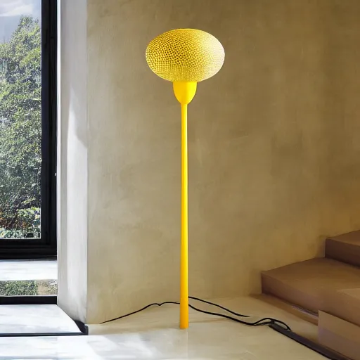 Image similar to floor standing lamp in the shape of a sun with yellow accents designed by salvador dally, advertising photography, luxury home design