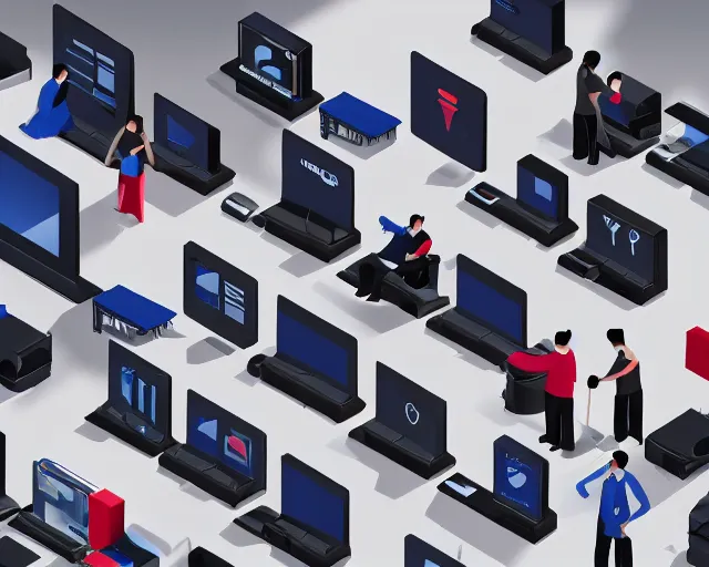 Prompt: A small group of miniature professional people standing holding computers and white papers, isometric, highly detailed, sharp lines, angular 16-color