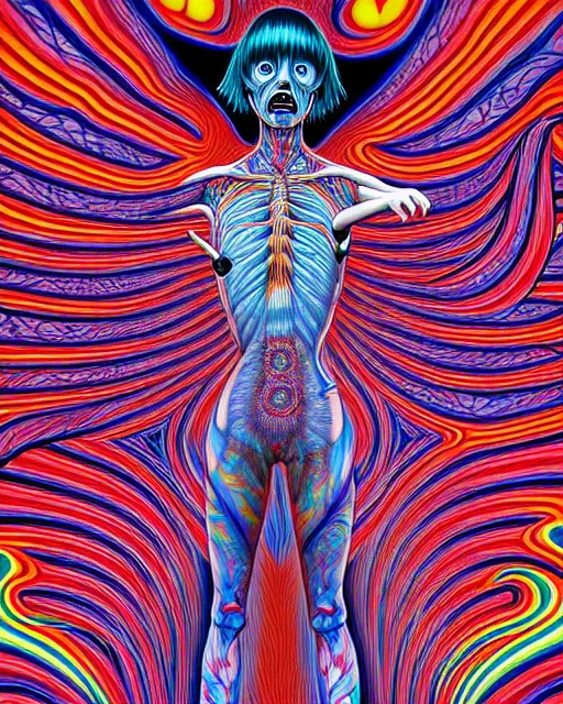 Prompt: human spirit breaking away from the body, conjuring psychedelic background, part by shintaro kago, part by alex gray, ross tran, james jean, ultra realistic, highly detailed, 8 k, trending on artstation, symmetry