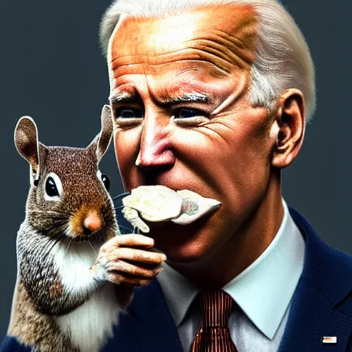 Image similar to hyperrealistic mixed media image of Joe Biden eating a live squirrel, stunning 3d render inspired art by István Sándorfi and Greg Rutkowski, perfect facial symmetry, realistic, highly detailed attributes and atmosphere, dim volumetric cinematic lighting, 8k octane extremely hyper-detailed render, post-processing, masterpiece,