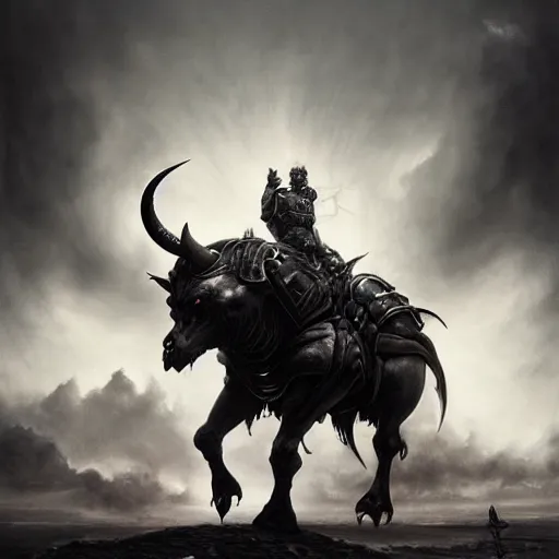 Prompt: By Tom Bagshaw and Boris Vallejo, ultra realist soft painting of a warzone by night, centered Gothic armored Minotaur standing, horror, omnious sky, symmetry accurate features, very intricate details, black and white, volumetric light clouds