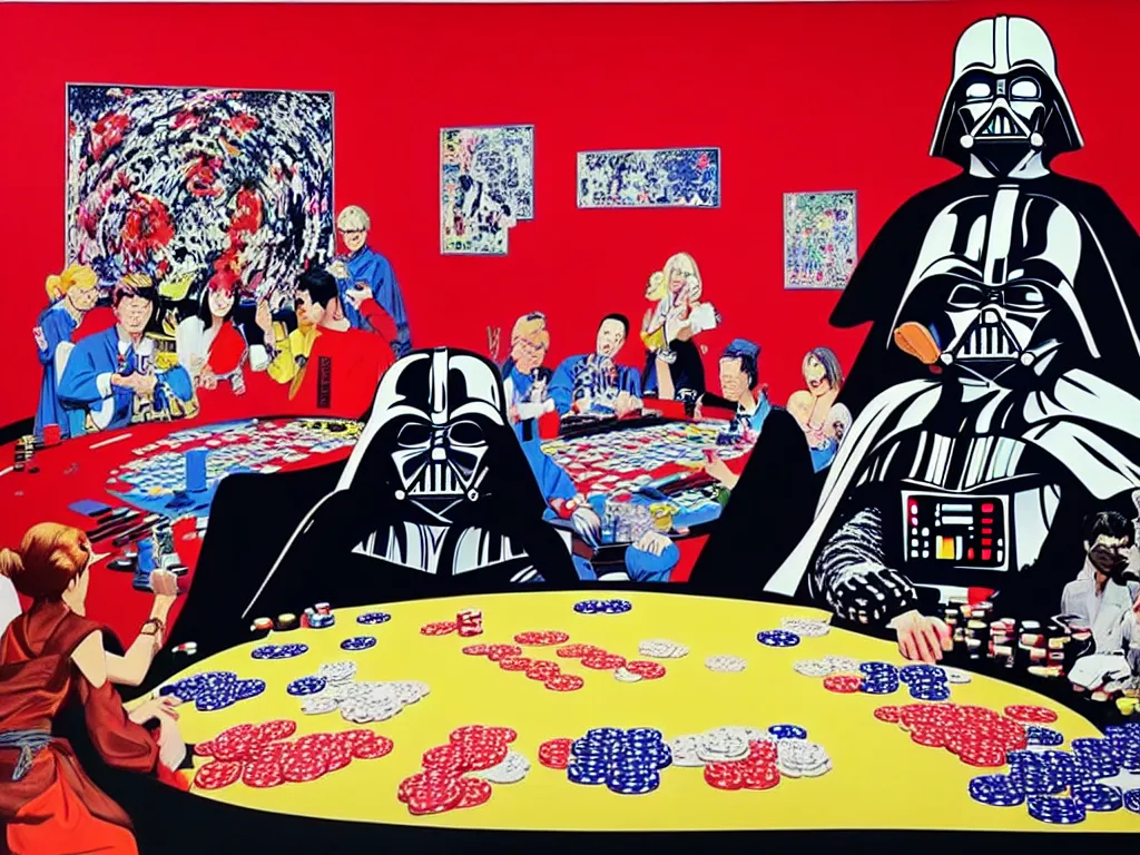 Image similar to hyper - realistic composition of a large room with an extremely detailed poker table in the center, woman in traditional japanese kimono standing nearby, darth vader sitting at the table, fireworks in the background, pop art style, jackie tsai style, andy warhol style, acrylic on canvas, dull palette