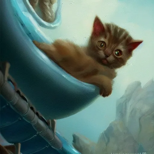 Image similar to a cute cat sliding down a water slide , tiny, beautiful, matte fantasy painting, DeviantArt Artstation, by Jason Felix by Steve Argyle by Tyler Jacobson by Peter Mohrbacher