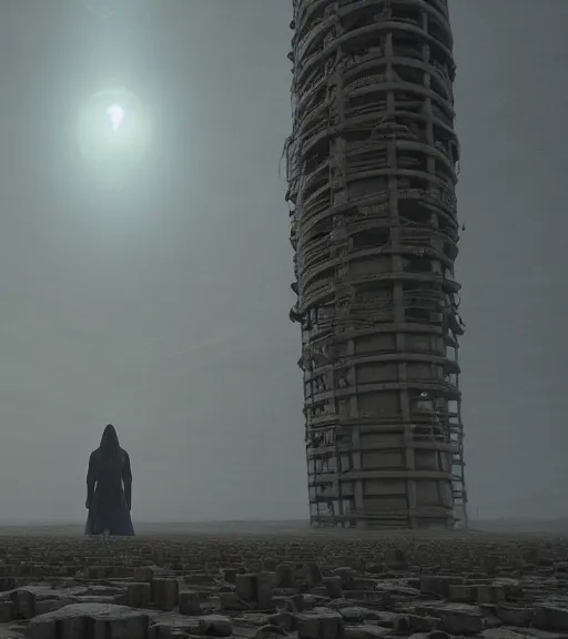 Prompt: tarkovsky greatest scene stalker movie, ethereal ancient destroyed majestic tower of babylon, woman in a futuristic cyber clothing, transparent puffer jacket, hyperrealistic, blockchain, cyber world, ambient lighting, concept art, intricate sky, hyper - detailed, smooth, dynamic volumetric lighting, octane, ray tracing, cinematic, high quality, cgsociety