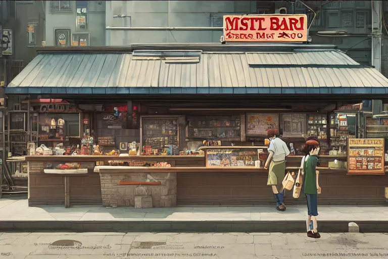 Prompt: A highly detailed matte painting of a single small snack bar with take away counter with sign by Studio Ghibli, Makoto Shinkai, by Artgerm, by WLOP, by Greg Rutkowski, volumetric lighting, cyberpunk, octane render, 4K resolution, trending on artstation, masterpiece
