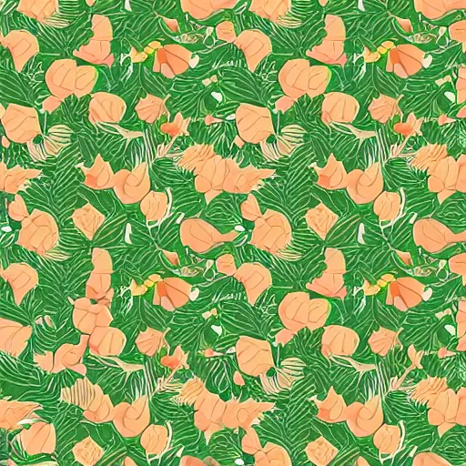 Prompt: repeating fabric pattern, minimalistic, miniature tiny peach color flowers, green vines and leaves, in the style of Bonnie Christine