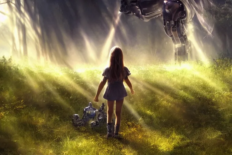 Image similar to the great beyond, sci - fi scene future new york, little girl holding a hand of a big robot, forest punk, crepuscular rays, epic scene, hyper realistic, photo realistic, overgrowth, cinematic atmosphere, ethereal lighting