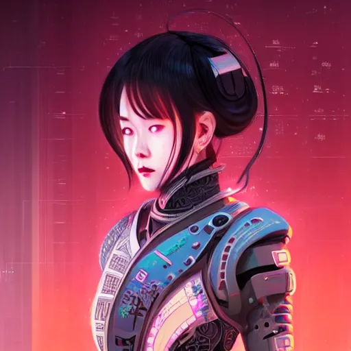 Image similar to portrait futuristic Samurai Girl, in future cyberpunk tokyo rooftop , ssci-fi, fantasy, intricate, very very beautiful, elegant, human anatomy, neon light, highly detailed, digital painting, artstation, concept art, smooth, sharp focus, illustration, art by tian zi and WLOP and alphonse mucha