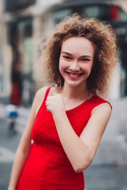 Image similar to blurry close up photo portrait of a smiling pretty woman in a red sleeveless dress, out of focus, street scene