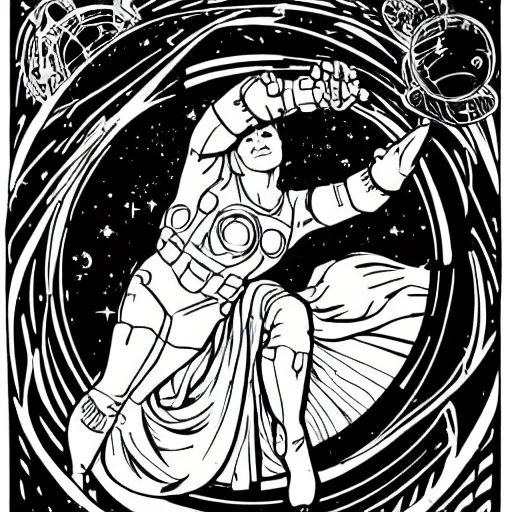 Image similar to clean simple line art with heavy black outlines of a woman floating in space wearing a space suit. no background. well composed, clean coloring book page, beautiful detailed face. coloring book line art by mike mignola and steve ditko and alphonse mucha