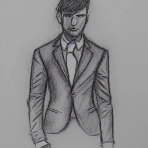 Image similar to a drawn man in jacket stand in sity. pencil sketch.