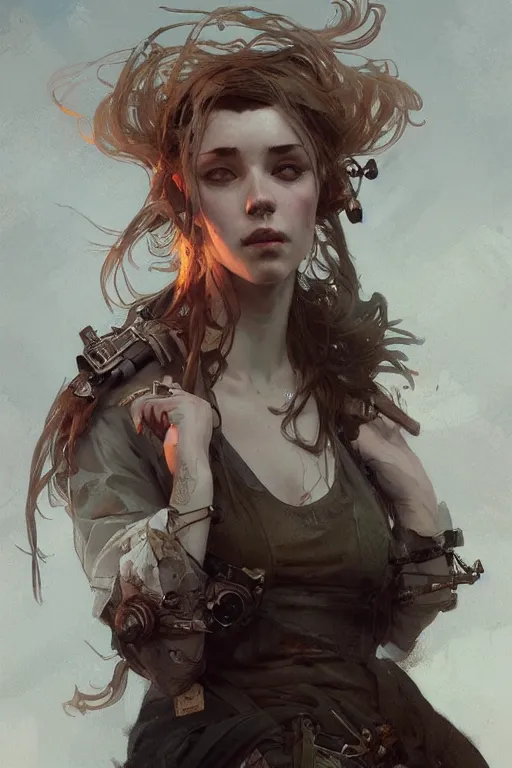 Prompt: A full portrait of a beautiful post apocalyptic sailor, intricate, elegant, highly detailed, digital painting, artstation, concept art, smooth, sharp focus, illustration, art by Krenz Cushart and Artem Demura and alphonse mucha