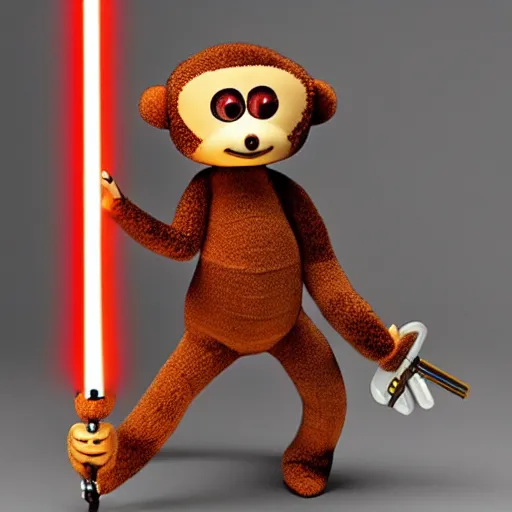 Prompt: Cartoon character Cheburashka from Eduard Uspensky\'s novels holding a lightsaber