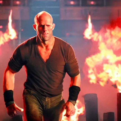 Image similar to a scene of jason statham as wrestler entering entrances, with pyro