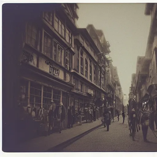 Image similar to a street level Polaroid of a steampunk city street, with people walking on the streets, at night