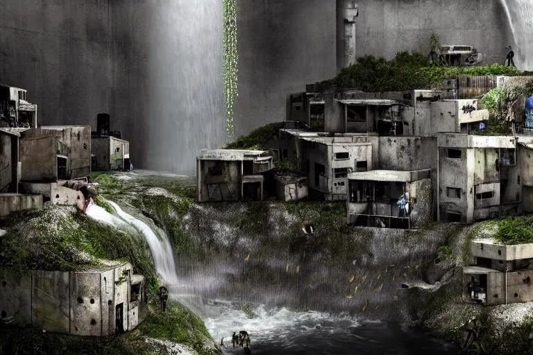 Prompt: favela bunker insect hive, brutalist waterfall environment, industrial factory, spooky, award winning art, epic dreamlike fantasy landscape, ultra realistic,