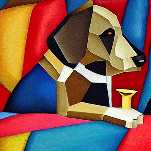 Prompt: dog playing the saxophone, sitting on the couch, medieval portrait, low poly, cubism, close up