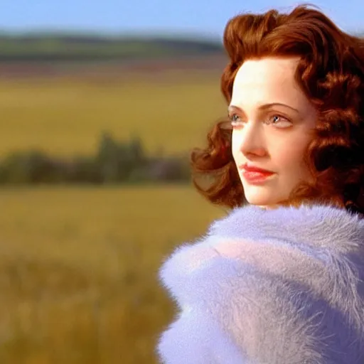 Prompt: natural 8 k shot from a 2 0 0 5 romantic comedy by sam mendes of hedy lemarr with natural face, natural skin, beauty spots and very small lips. she stands and looks on the horizon with winds moving her hair. fuzzy blue sky in the background. small details, natural lighting, 2 4 mm lenses, sharp focus