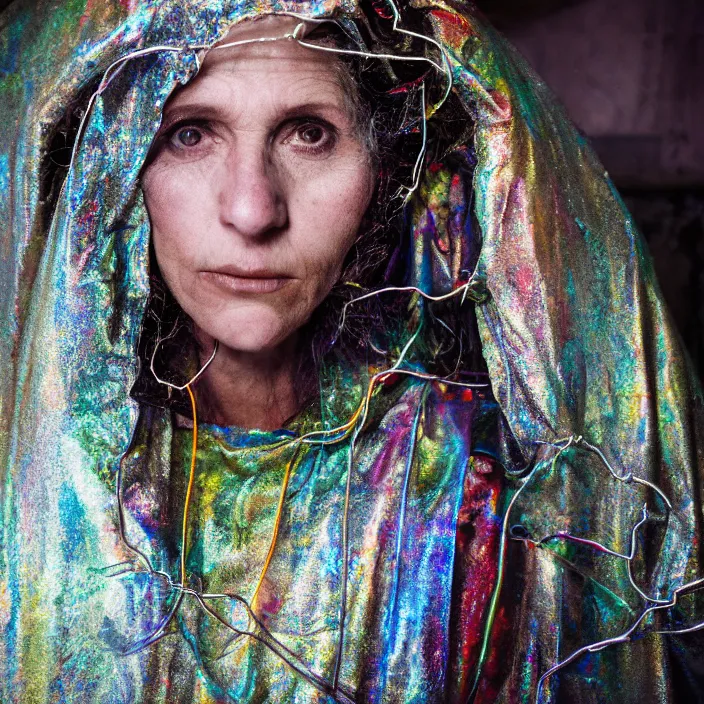 Image similar to closeup portrait of a woman with a hood made of wire and rainbows, standing in a haunted abandoned house, by Annie Leibovitz and Steve McCurry, natural light, detailed face, CANON Eos C300, ƒ1.8, 35mm, 8K, medium-format print