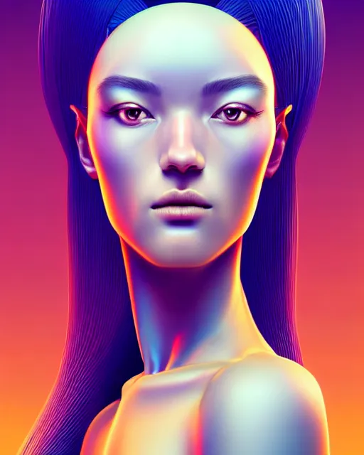 Image similar to ultra detailed, beautiful female android with human hair, side portrait, sharp focus, highly detailed vfx portrait, geometric shapes, global illumination, by moebius!! and james jean and victo ngai and tristan eaton. detailed, vector art, digital illustration, concept art. 8 k, hdr, fractal