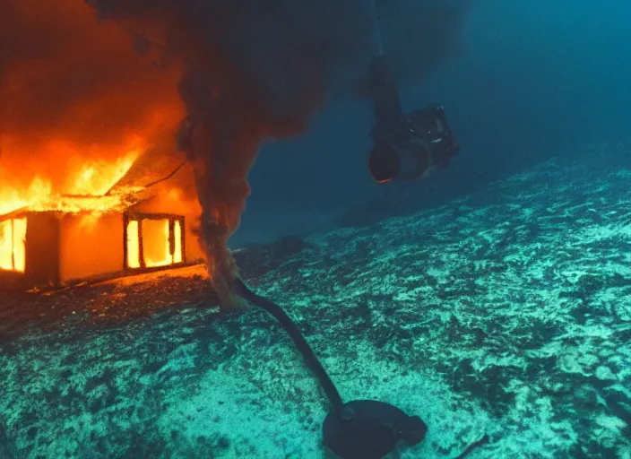 Image similar to dslr photo still of a house on fire under the water under water at the bottom of the ocean with lots of bubbles and light rays, 8 5 mm f 1. 8