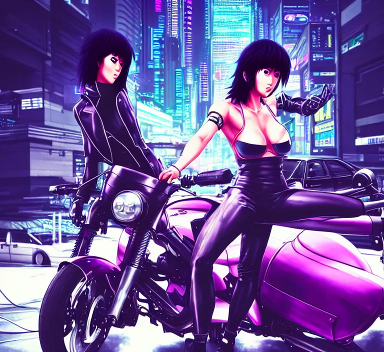 Image similar to motoko kusanagi riding a cyberpunk vehicle in a grungy cyberpunk megacity, bosozoku gang war, cyberpunk vaporwave, artgerm, sola digital arts, anti aliasing, raytracing