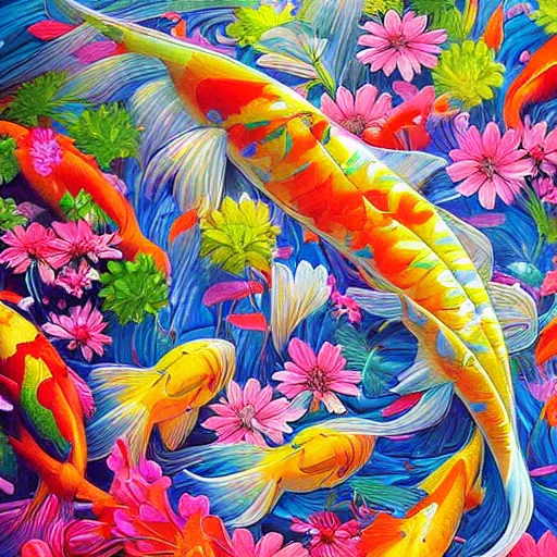 Image similar to a bouquet of colorful flowers, flowers with very long petals,afternoon sunlight, hard light and long shadows, neon glowing, vivid, koi fish flying around detailed painting, by James Jean and Ross Tran, masterpiece, award winning painting