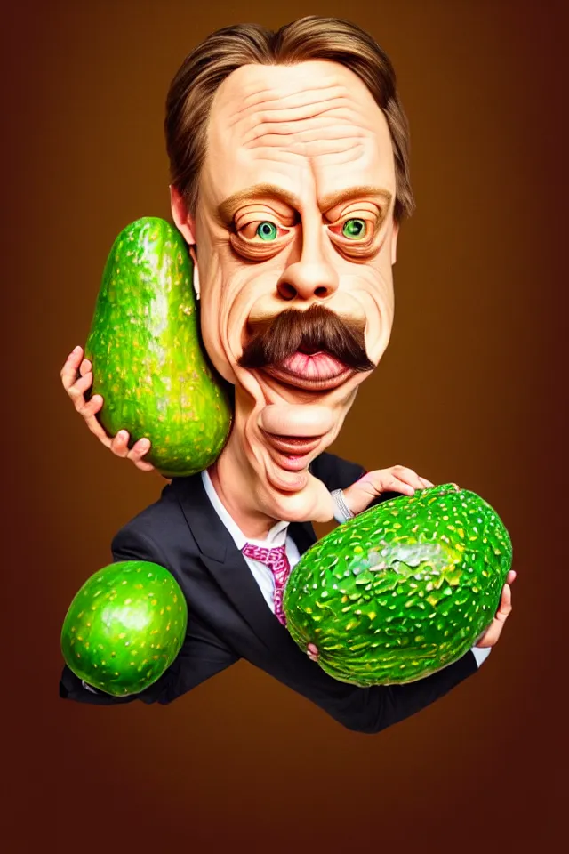 Prompt: caricature renaissance portrait of steve buscemi as a highly detailed respected dragonskinned avocado textured potato head, fake mustache, dramatic cinematic lighting, 8 k, beautiful intricate painting