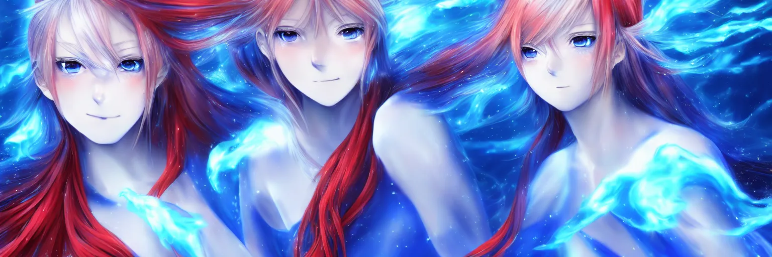 Image similar to advanced digital anime art, a very cute gorgeous teenage girl with a body made of fire and ice , full body, very long snow colored hair, sky blue highlights in hair, red fiery watery eyes, wearing a dress made of water, full round face, dramatic cinematic lighting, wideshot, highly intricately detailed, trending on pixiv, Artstation, painted by Rossdraws and the style of Sakimimichan