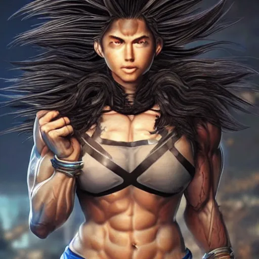 Image similar to warrior girl, muscular girl, wild spiky black saiyan hair, long spiky hair, electrified hair, insane hair, electrical aura, high voltage, ultra realistic, intricate details, highly detailed, subsurface scattering, photorealistic, octane render, 8 k, art by artgerm, greg rutkowski, magali villeneuve, alphonse mucha