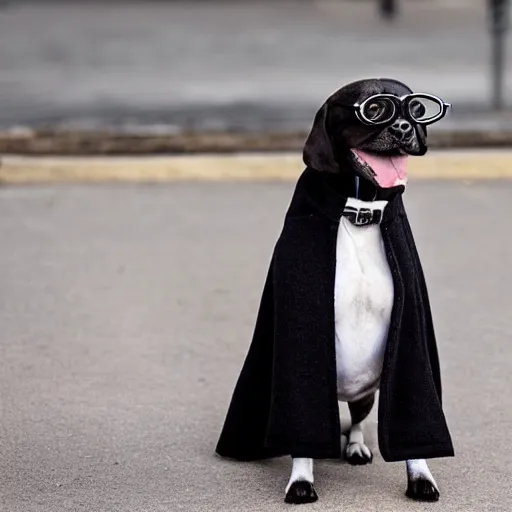 Prompt: an adult dog wearing glasses and a black coat, on his hind legs