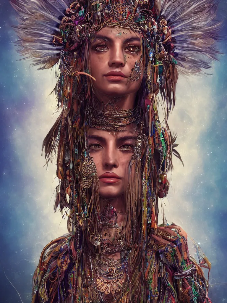 Image similar to a photo of a mystical tribal shaman adorned with feathers and gemstones and cables and synthesizer parts is surrounded by sacred geometry made from elven architecture, full body, gorgeous, perfect face, powerful, cinematic, beautifully lit, by artgerm, by karol bak, 3 d, trending on artstation, octane render, 8 k