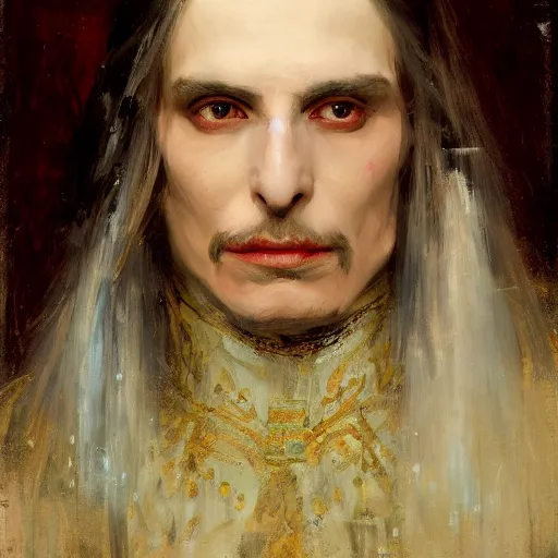 Prompt: Richard Schmid and Jeremy Lipking portrait painting of a young beautiful vlad III in elaborate costume