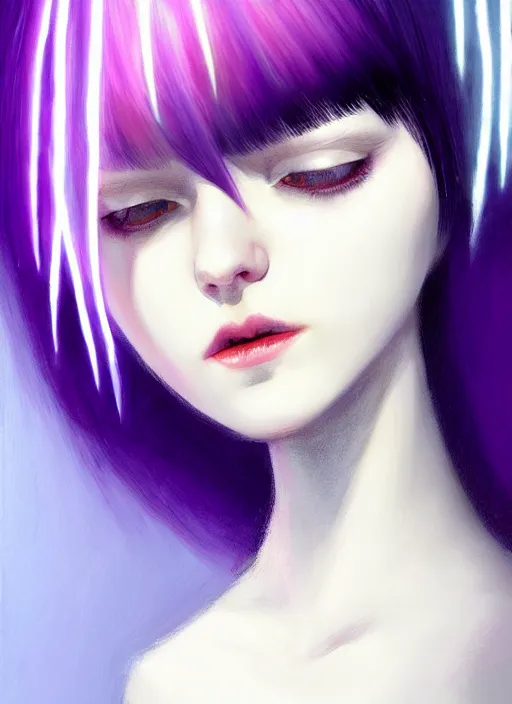 Image similar to hair whitebangs hair, black hair, blackbangswhitehair, portrait of teenage girl with white bangs, red irises, purple clothes, white bangs, bangs are different color from hair, intricate, elegant, glowing lights, highly detailed, digital painting, artstation, concept art, sharp focus, illustration, art by wlop, mars ravelo and greg rutkowski