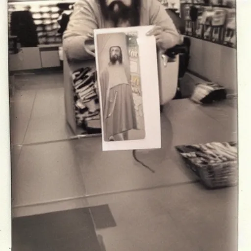 Image similar to a found polaroid of Jesus caught shoplifting, circa 1990