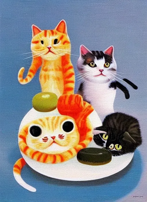 Image similar to clear surrealist painting of adorable cats made out of sushi