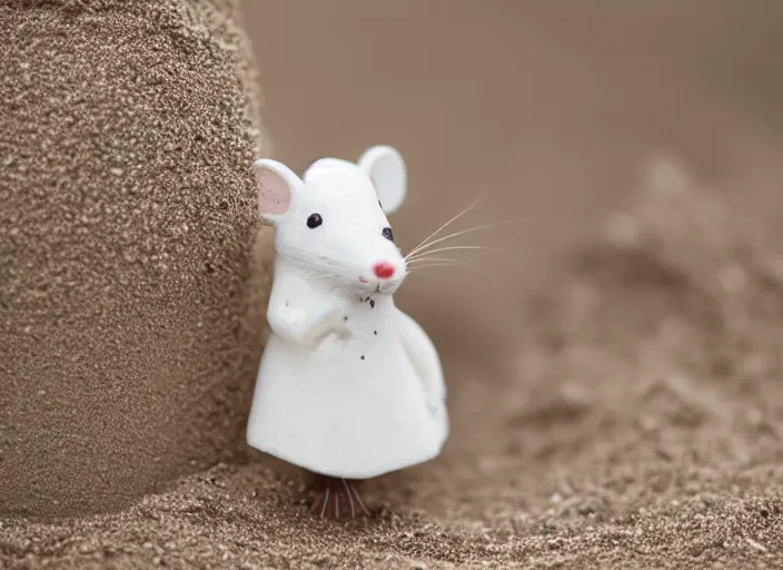 Image similar to dslr photo still of a little white mouse inside an intricate sand castle on wet sand in a bright sunny day, 8 k, 8 5 mm f 1. 4