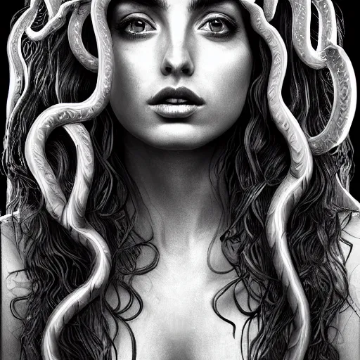 Prompt: ana de armas portrait as medusa from greek mythology, living venomous snakes in place of hair, ink drawing,, hyperdetailed, 8 k realistic, trending on artstation, by alphonso dunn and rob plater and miles yoshida